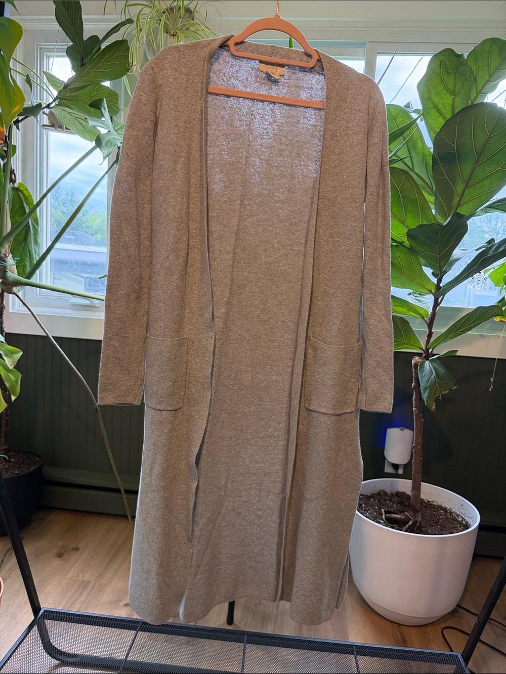 Kaisely Taupe Long Open-Front Knit Cardigan